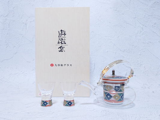 JAPAN POTTERY | Kutani Japanese Glass Chirori | Glass set |冷酒気　古久谷菱文[Kokutanihishimon] | 360ml / 60ml