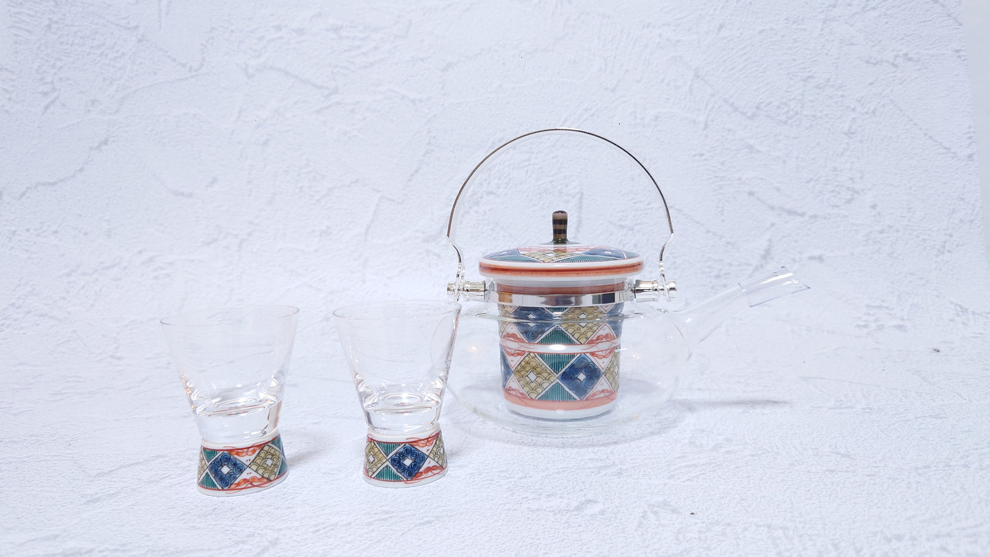 JAPAN POTTERY | Kutani Japanese Glass Chirori | Glass set |冷酒気　古久谷菱文[Kokutanihishimon] | 360ml / 60ml