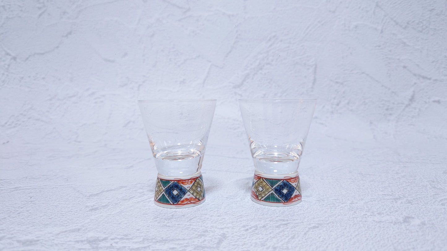 JAPAN POTTERY | Kutani Japanese Glass Chirori | Glass set |冷酒気　古久谷菱文[Kokutanihishimon] | 360ml / 60ml